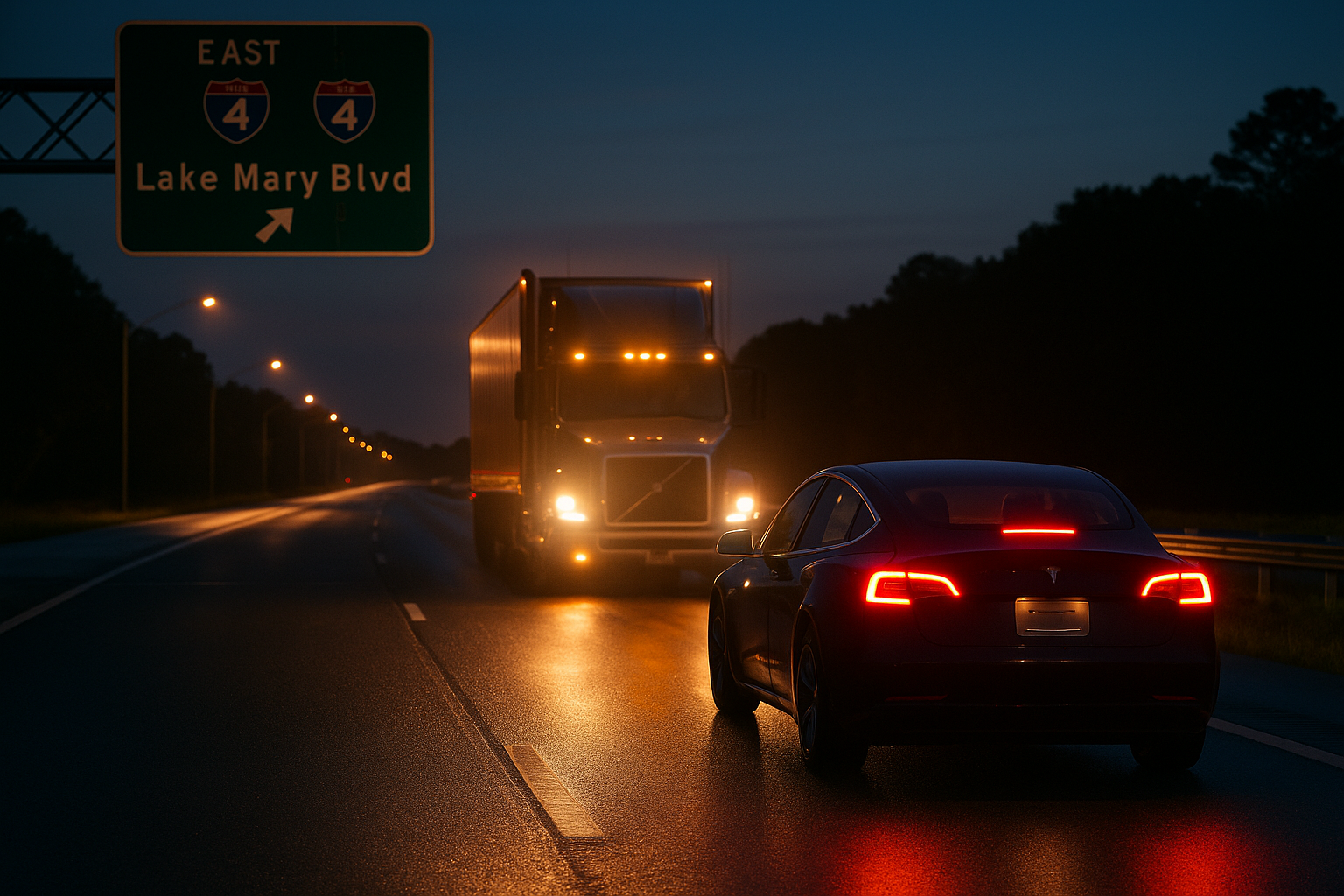 Florida Highway Patrol investigates fatal Tesla and semitruck crash on I 4 near Lake Mary Boulevard in Seminole County
